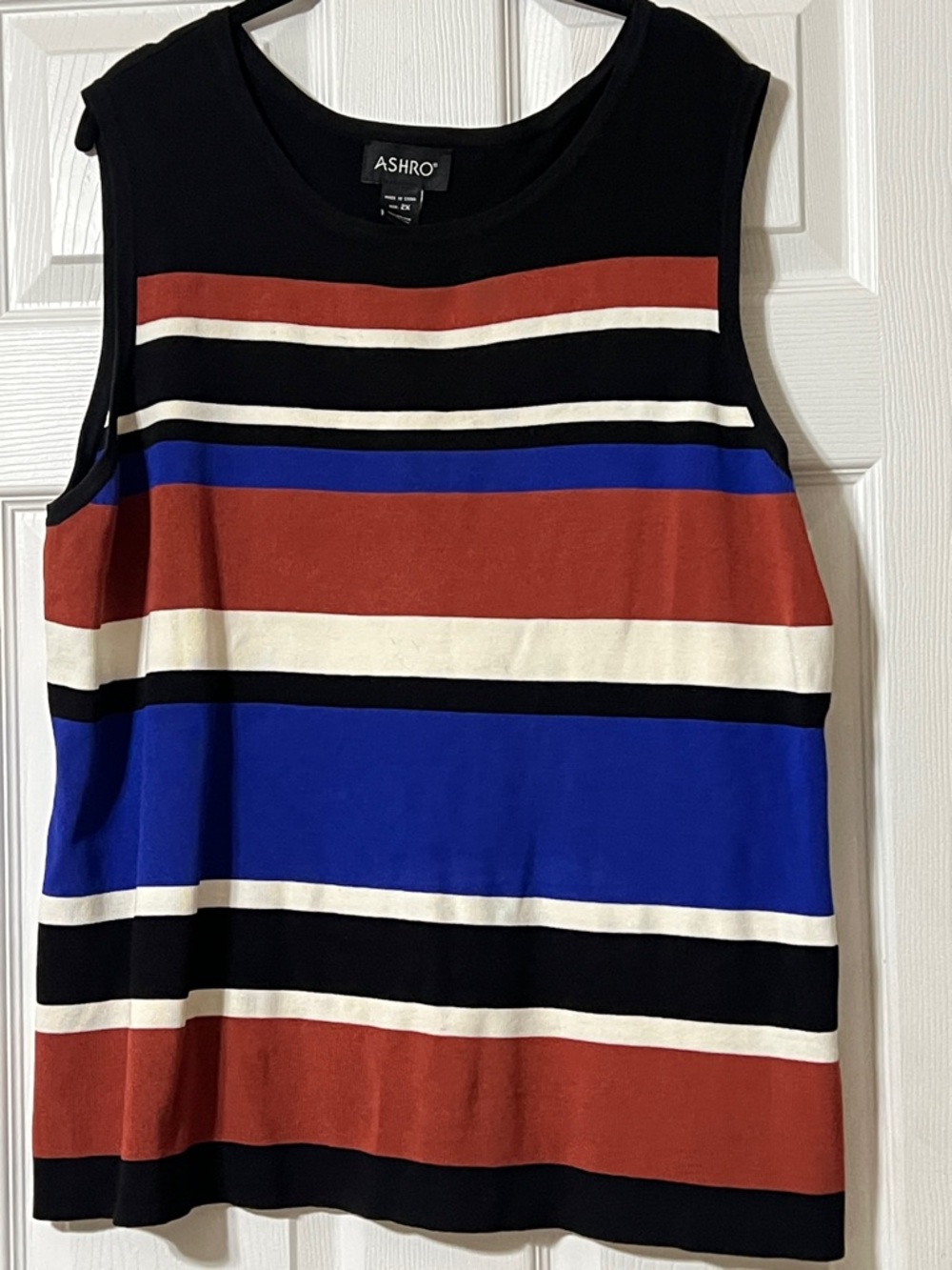Ashro Sleeveless Striped Knit Top in Black, Blue, Rust & White. 2X ( 3X)
